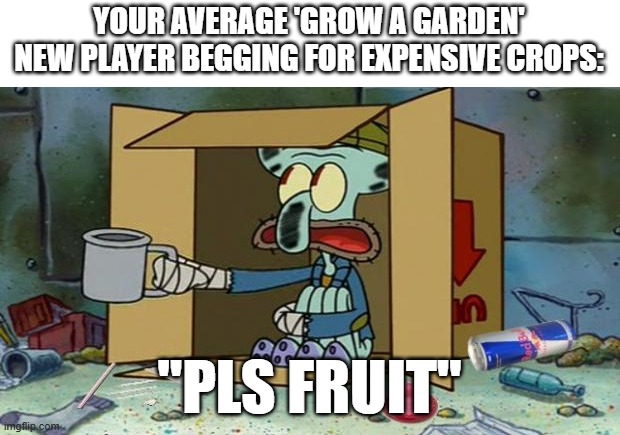 squidward poor | YOUR AVERAGE 'GROW A GARDEN' NEW PLAYER BEGGING FOR EXPENSIVE CROPS:; "PLS FRUIT" | image tagged in squidward poor,grow a garden,roblox,roblox meme | made w/ Imgflip meme maker