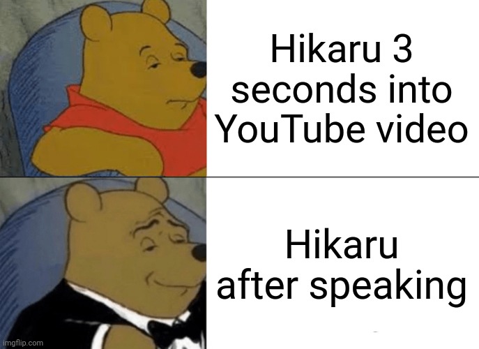 Tuxedo Winnie The Pooh | Hikaru 3 seconds into YouTube video; Hikaru after speaking | image tagged in memes,tuxedo winnie the pooh | made w/ Imgflip meme maker
