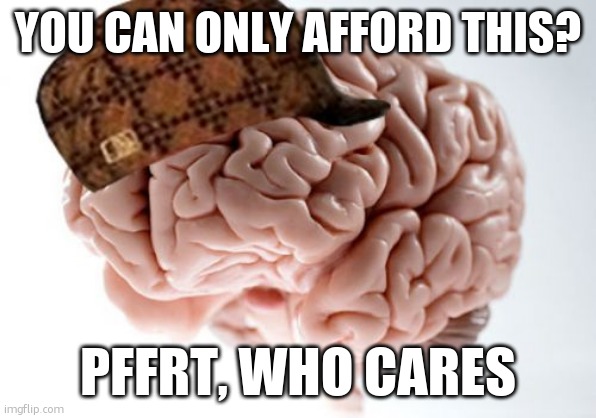 Scumbag Brain Meme | YOU CAN ONLY AFFORD THIS? PFFRT, WHO CARES | image tagged in memes,scumbag brain | made w/ Imgflip meme maker