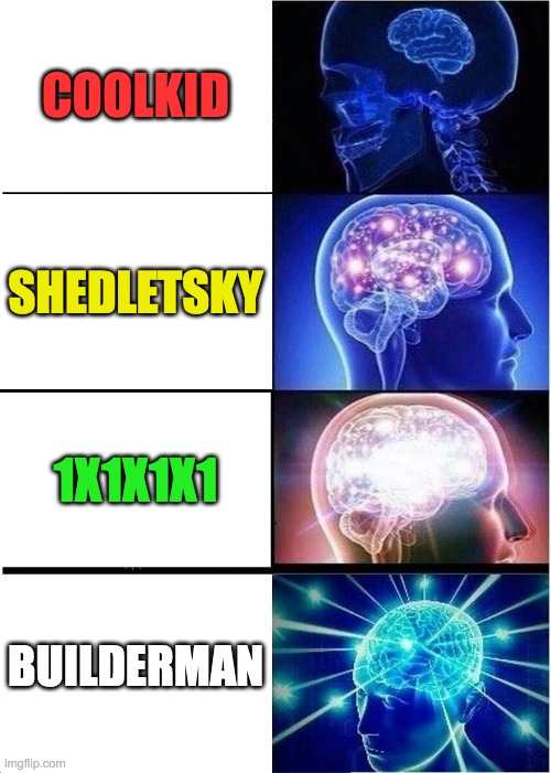 roblox legends | COOLKID; SHEDLETSKY; 1X1X1X1; BUILDERMAN | image tagged in memes,expanding brain | made w/ Imgflip meme maker