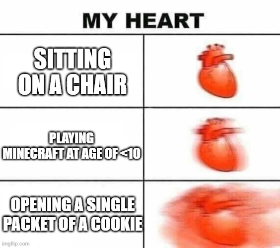 crumbs everywhere | SITTING ON A CHAIR; PLAYING MINECRAFT AT AGE OF <10; OPENING A SINGLE PACKET OF A COOKIE | image tagged in my heart blank,memes,funny,relatable memes | made w/ Imgflip meme maker