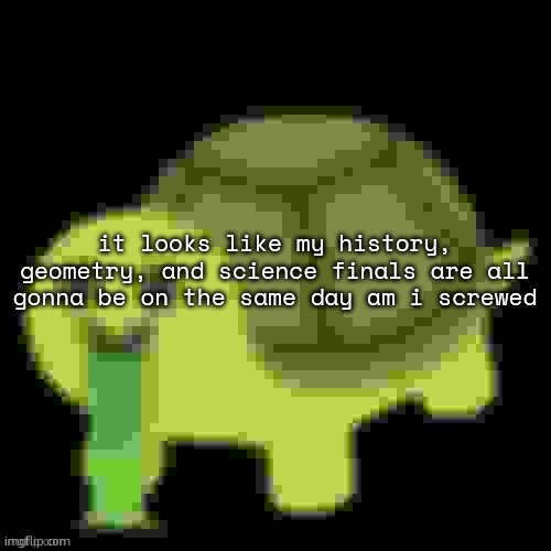 Low Quality Barfing Turtle | it looks like my history, geometry, and science finals are all gonna be on the same day am i screwed | image tagged in low quality barfing turtle | made w/ Imgflip meme maker