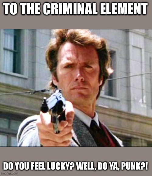 Dirty harry | TO THE CRIMINAL ELEMENT DO YOU FEEL LUCKY? WELL, DO YA, PUNK?! | image tagged in dirty harry | made w/ Imgflip meme maker
