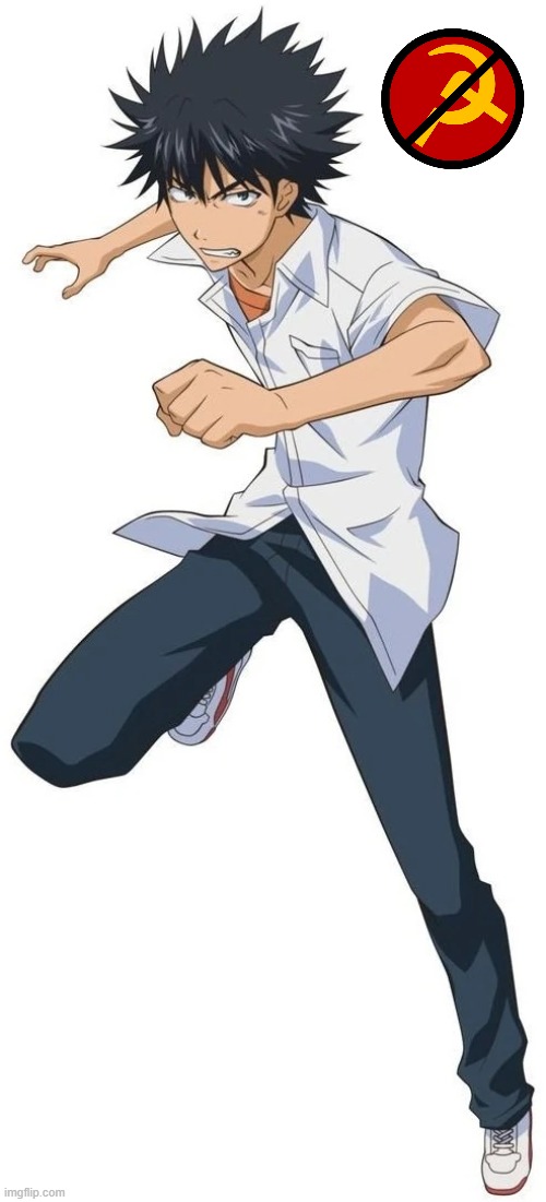 Touma Kamijou: destroyer of communism | image tagged in communism,anime | made w/ Imgflip meme maker