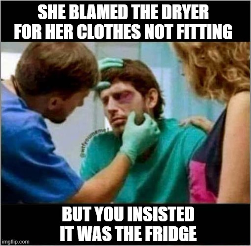 How Did This Happen ? | SHE BLAMED THE DRYER FOR HER CLOTHES NOT FITTING; BUT YOU INSISTED IT WAS THE FRIDGE | image tagged in weight gain,hospital,black eye,dark humour | made w/ Imgflip meme maker
