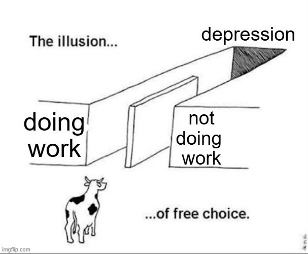 Illusion of free choice | depression; doing work; not
doing 
work | image tagged in illusion of free choice | made w/ Imgflip meme maker