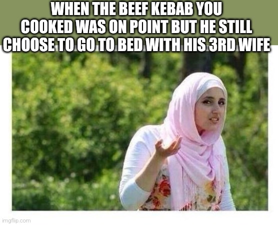 kebab recipe | WHEN THE BEEF KEBAB YOU COOKED WAS ON POINT BUT HE STILL CHOOSE TO GO TO BED WITH HIS 3RD WIFE | image tagged in confused muslim girl,muslim,jihad | made w/ Imgflip meme maker
