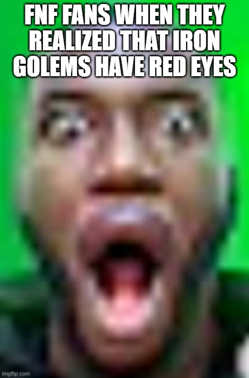 Shocked Black Dude | FNF FANS WHEN THEY REALIZED THAT IRON GOLEMS HAVE RED EYES | image tagged in shocked black dude,fnf,sonic exe,minecraft | made w/ Imgflip meme maker