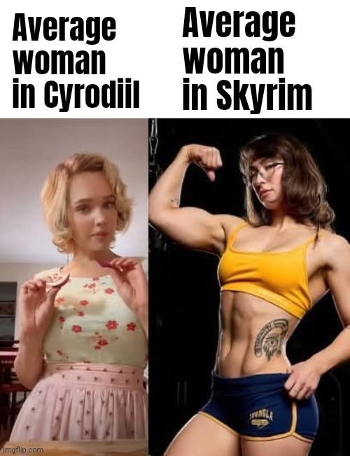 Average woman in Skyrim; Average woman in Cyrodiil | made w/ Imgflip meme maker