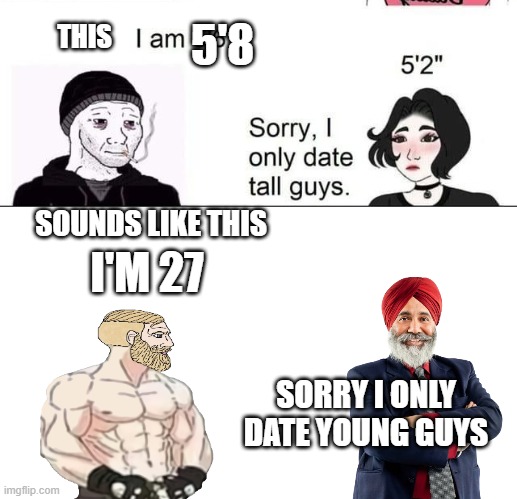 height age analogy | 5'8; THIS; SOUNDS LIKE THIS; I'M 27; SORRY I ONLY DATE YOUNG GUYS | image tagged in wojak,online dating | made w/ Imgflip meme maker