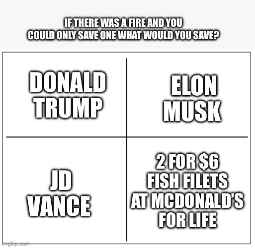 What would you choose? | IF THERE WAS A FIRE AND YOU COULD ONLY SAVE ONE WHAT WOULD YOU SAVE? DONALD TRUMP; ELON MUSK; JD VANCE; 2 FOR $6 FISH FILETS AT MCDONALD’S FOR LIFE | image tagged in 4 square grid | made w/ Imgflip meme maker
