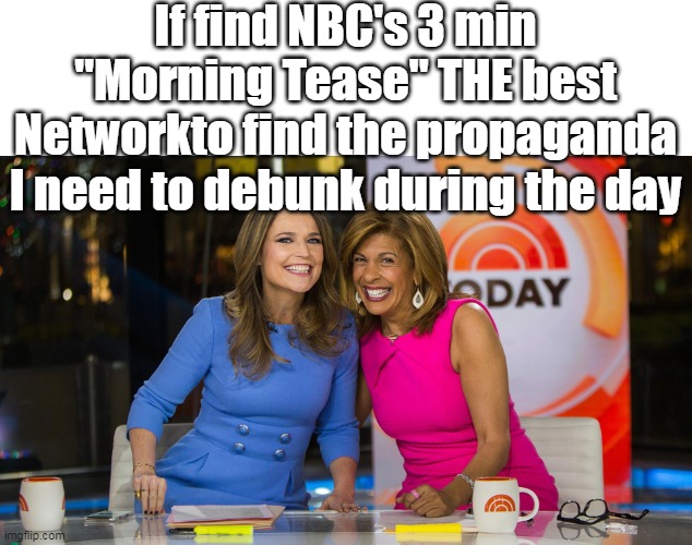 MSM is still good for something | If find NBC's 3 min "Morning Tease" THE best Networkto find the propaganda I need to debunk during the day | image tagged in today show nbc propaganda meme | made w/ Imgflip meme maker