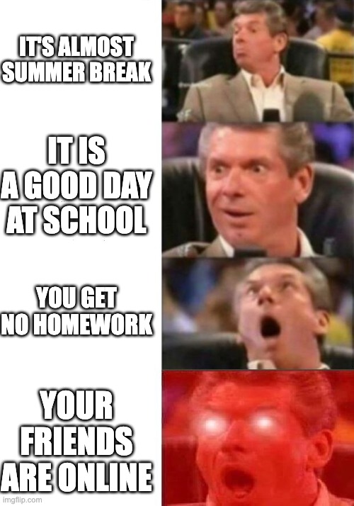 Mr. McMahon reaction | IT'S ALMOST SUMMER BREAK; IT IS A GOOD DAY AT SCHOOL; YOU GET NO HOMEWORK; YOUR FRIENDS ARE ONLINE | image tagged in mr mcmahon reaction | made w/ Imgflip meme maker