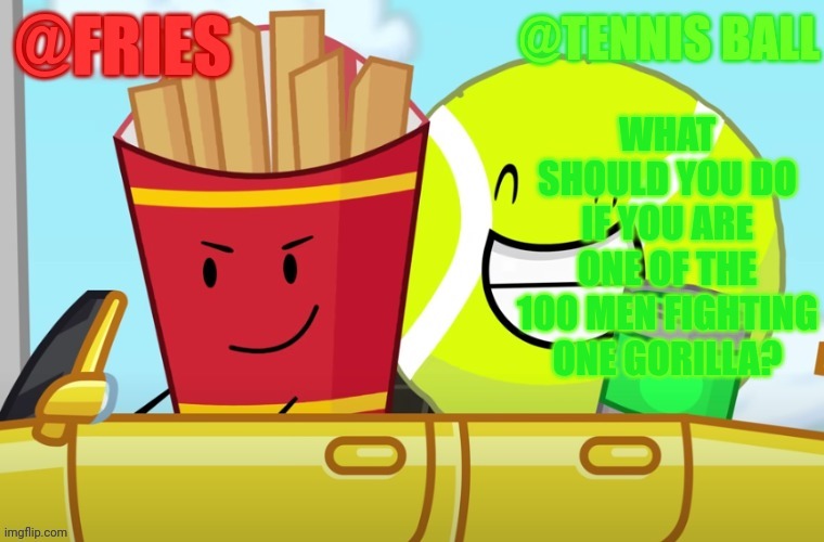 (Fries: I’d beat the living fuck out of the gorilla) | WHAT SHOULD YOU DO IF YOU ARE ONE OF THE 100 MEN FIGHTING ONE GORILLA? | image tagged in fries and tennis ball shared announcement temp | made w/ Imgflip meme maker