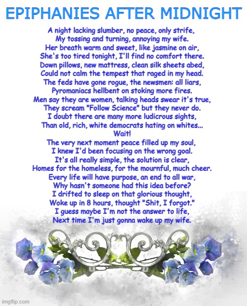 I MISS FUZZY WUZZY | EPIPHANIES AFTER MIDNIGHT; A night lacking slumber, no peace, only strife, 
My tossing and turning, annoying my wife.
Her breath warm and sweet, like jasmine on air,
She's too tired tonight, I'll find no comfort there.
Down pillows, new mattress, clean silk sheets abed,
Could not calm the tempest that raged in my head.
The feds have gone rogue, the newsmen: all liars,
Pyromaniacs hellbent on stoking more fires.
Men say they are women, talking heads swear it's true,
They scream "Follow Science" but they never do.
I doubt there are many more ludicrous sights,
Than old, rich, white democrats hating on whites...
Wait!
The very next moment peace filled up my soul, 
I knew I'd been focusing on the wrong goal.
It's all really simple, the solution is clear,
Homes for the homeless, for the mournful, much cheer.
Every life will have purpose, an end to all war,
Why hasn't someone had this idea before?
I drifted to sleep on that glorious thought,
Woke up in 8 hours, thought "Shit, I forgot."
I guess maybe I'm not the answer to life,
Next time I'm just gonna wake up my wife. | image tagged in poetry background | made w/ Imgflip meme maker