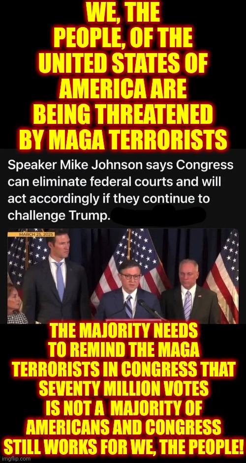 All Good People Challenge Trump's LIES Because Even A Mild People Defend Themselves When They're Being Attacked | WE, THE PEOPLE, OF THE UNITED STATES OF AMERICA ARE BEING THREATENED BY MAGA TERRORISTS; THE MAJORITY NEEDS TO REMIND THE MAGA TERRORISTS IN CONGRESS THAT SEVENTY MILLION VOTES IS NOT A  MAJORITY OF AMERICANS AND CONGRESS STILL WORKS FOR WE, THE PEOPLE! | image tagged in donald trump is a convicted rapist,donald trump is a terrorist,maga are terrorists,lock him up,maga,memes | made w/ Imgflip meme maker