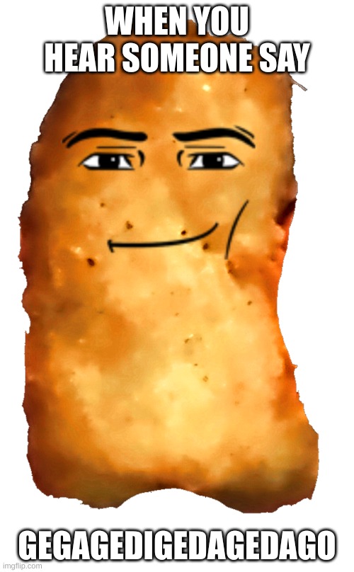 chicken nuggies | WHEN YOU HEAR SOMEONE SAY; GEGAGEDIGEDAGEDAGO | image tagged in gegagedigedagedago | made w/ Imgflip meme maker