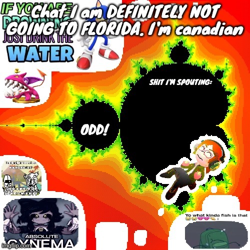 Don't ask about the text | Chat I am DEFINITELY NOT GOING TO FLORIDA. I'm canadian | image tagged in odd mandelbrot announcement template mii version | made w/ Imgflip meme maker