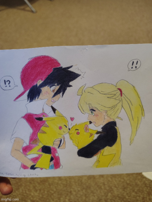red and yellow holding their Pikachu's | image tagged in red,yellow,art,anime,pokemon,pikachu | made w/ Imgflip meme maker