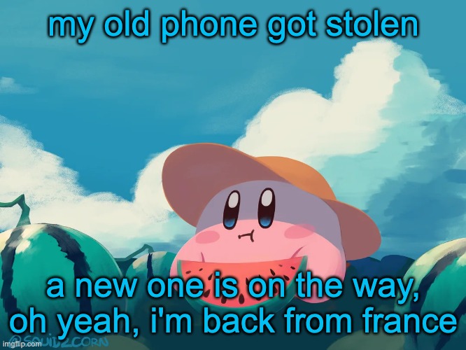 sucks tho | my old phone got stolen; a new one is on the way, oh yeah, i'm back from france | image tagged in cantaloupe kirby | made w/ Imgflip meme maker