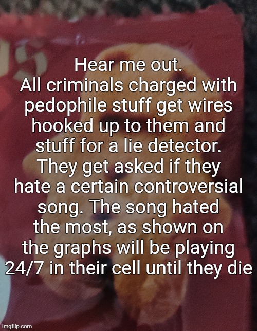 Cookie | Hear me out. All criminals charged with pedophile stuff get wires hooked up to them and stuff for a lie detector. They get asked if they hate a certain controversial song. The song hated the most, as shown on the graphs will be playing 24/7 in their cell until they die | image tagged in cookie | made w/ Imgflip meme maker