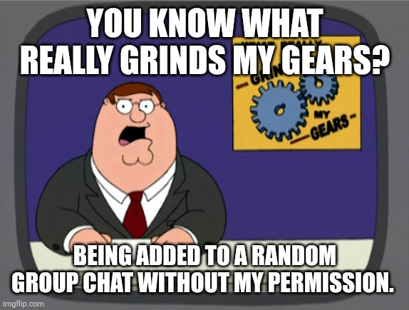 Peter Griffin News | YOU KNOW WHAT REALLY GRINDS MY GEARS? BEING ADDED TO A RANDOM GROUP CHAT WITHOUT MY PERMISSION. | image tagged in memes,peter griffin news | made w/ Imgflip meme maker