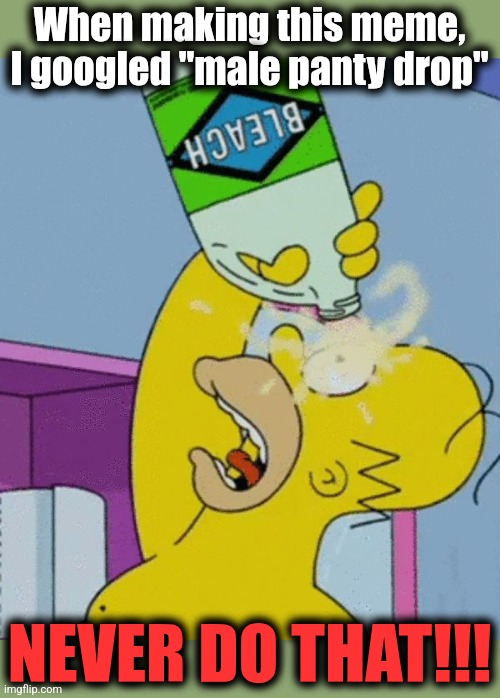 Homer bleaching eyes | When making this meme, I googled "male panty drop" NEVER DO THAT!!! | image tagged in homer bleaching eyes | made w/ Imgflip meme maker