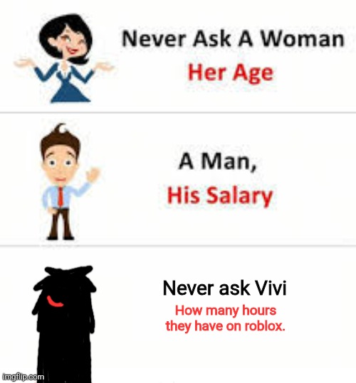 Never ask a woman her age | Never ask Vivi; How many hours they have on roblox. | image tagged in never ask a woman her age,roblox | made w/ Imgflip meme maker