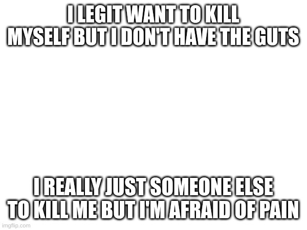 I LEGIT WANT TO KILL MYSELF BUT I DON'T HAVE THE GUTS; I REALLY JUST SOMEONE ELSE TO KILL ME BUT I'M AFRAID OF PAIN | made w/ Imgflip meme maker
