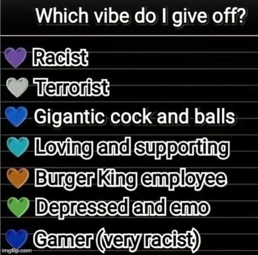 dark mode friendly js ignore the colors | image tagged in which vibe do i give off | made w/ Imgflip meme maker