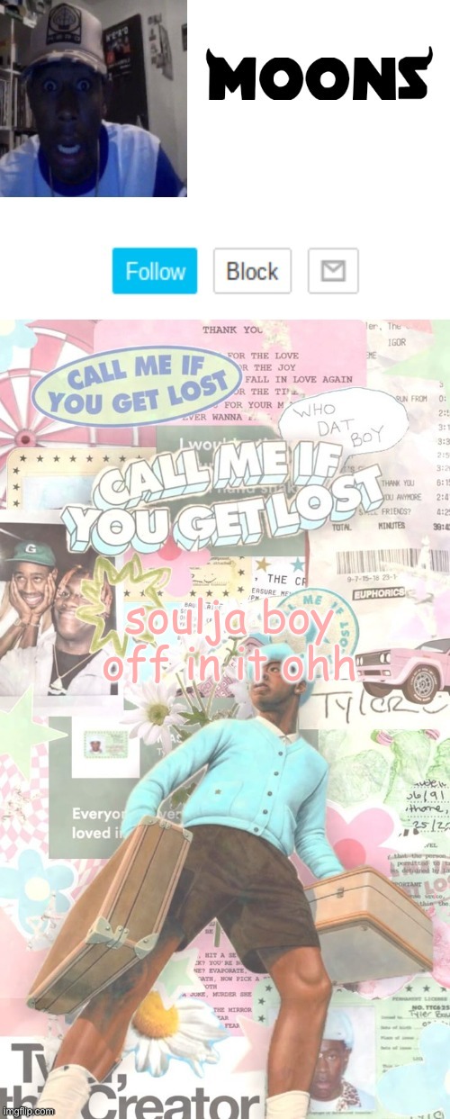 Moons. Tyler temp ( thanks yachi ) | soulja boy off in it ohh | image tagged in moons tyler temp thanks yachi | made w/ Imgflip meme maker