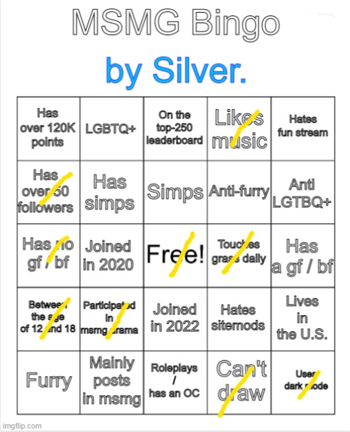 Got bored | image tagged in silver 's msmg bingo | made w/ Imgflip meme maker