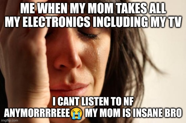 First World Problems | ME WHEN MY MOM TAKES ALL MY ELECTRONICS INCLUDING MY TV; I CANT LISTEN TO NF ANYMORRRREEE😭 MY MOM IS INSANE BRO | image tagged in memes,first world problems | made w/ Imgflip meme maker