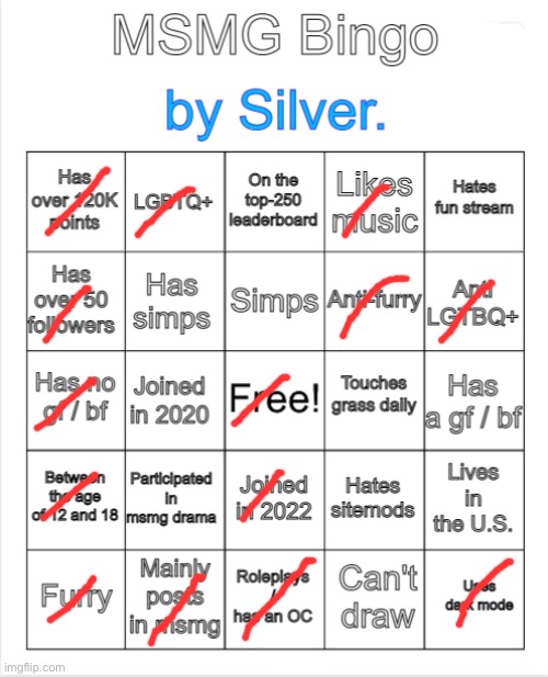 Redid it | image tagged in silver 's msmg bingo | made w/ Imgflip meme maker