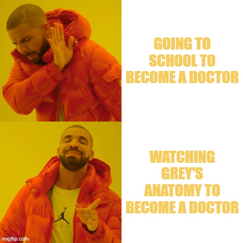 I can relate to this, lol. | GOING TO SCHOOL TO BECOME A DOCTOR; WATCHING GREY'S ANATOMY TO BECOME A DOCTOR | image tagged in memes,drake hotline bling | made w/ Imgflip meme maker