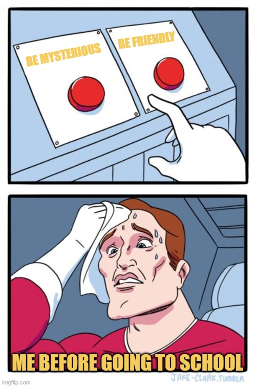 Can you relate this as a student nowadays? | BE FRIENDLY; BE MYSTERIOUS; ME BEFORE GOING TO SCHOOL | image tagged in memes,two buttons | made w/ Imgflip meme maker