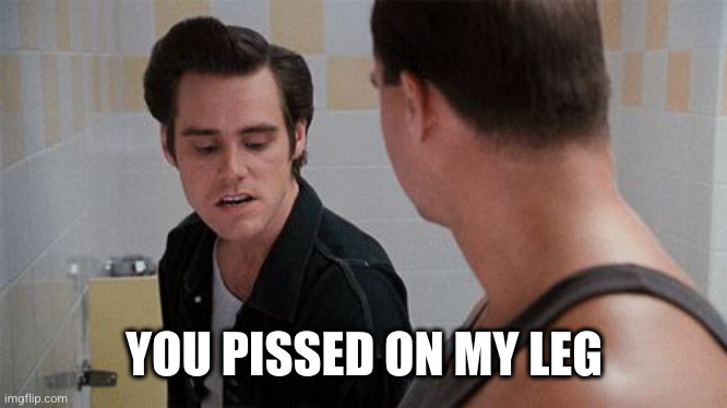 ace ventura urinal | YOU PISSED ON MY LEG | image tagged in ace ventura urinal | made w/ Imgflip meme maker
