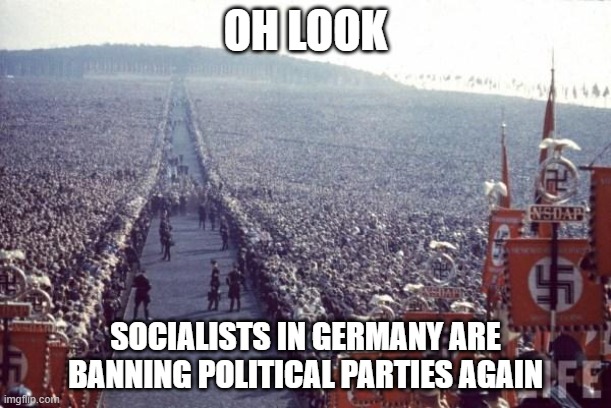 Beginning to feel a lot like WW2 | OH LOOK; SOCIALISTS IN GERMANY ARE BANNING POLITICAL PARTIES AGAIN | image tagged in nazi rally | made w/ Imgflip meme maker