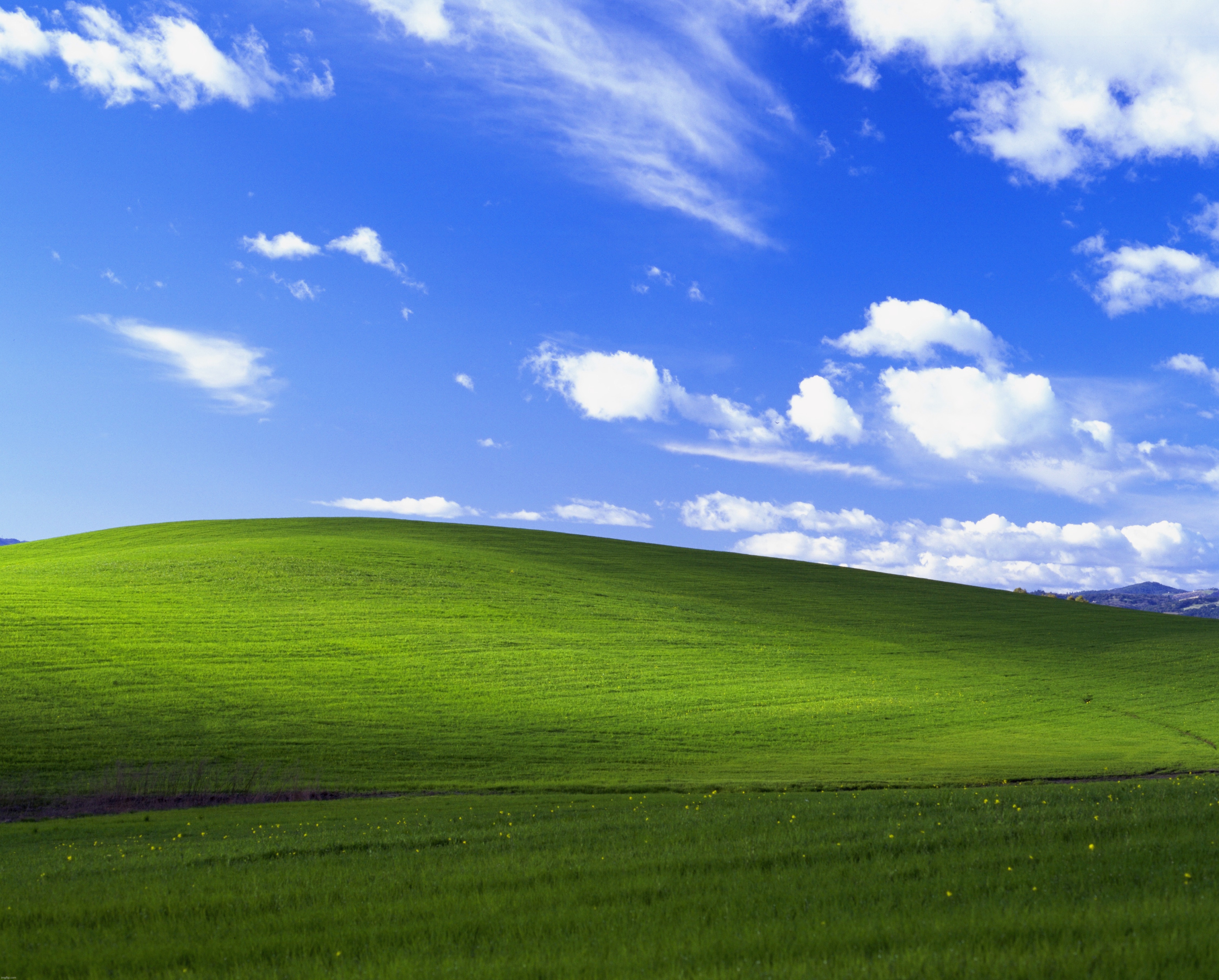 The Windows XP Bliss wallpaper in its full glory (this image's URL also ends with xp) | made w/ Imgflip meme maker