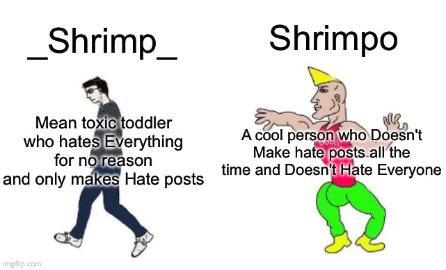 _Shrimp_ is Toxic | Shrimpo; _Shrimp_; A cool person who Doesn't Make hate posts all the time and Doesn't Hate Everyone; Mean toxic toddler who hates Everything for no reason and only makes Hate posts | image tagged in virgin vs chad,bullying,funny,shrimp,shrimpo,imgflip users | made w/ Imgflip meme maker