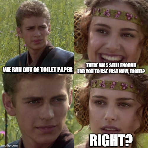 Right? | THERE WAS STILL ENOUGH FOR YOU TO USE JUST NOW, RIGHT? WE RAN OUT OF TOILET PAPER; RIGHT? | image tagged in for the better right blank | made w/ Imgflip meme maker