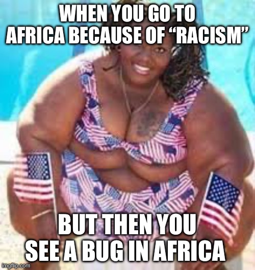 Super Fat Black Girl | WHEN YOU GO TO AFRICA BECAUSE OF “RACISM”; BUT THEN YOU SEE A BUG IN AFRICA | image tagged in super fat black girl,politics,political meme,africa,america,racism | made w/ Imgflip meme maker