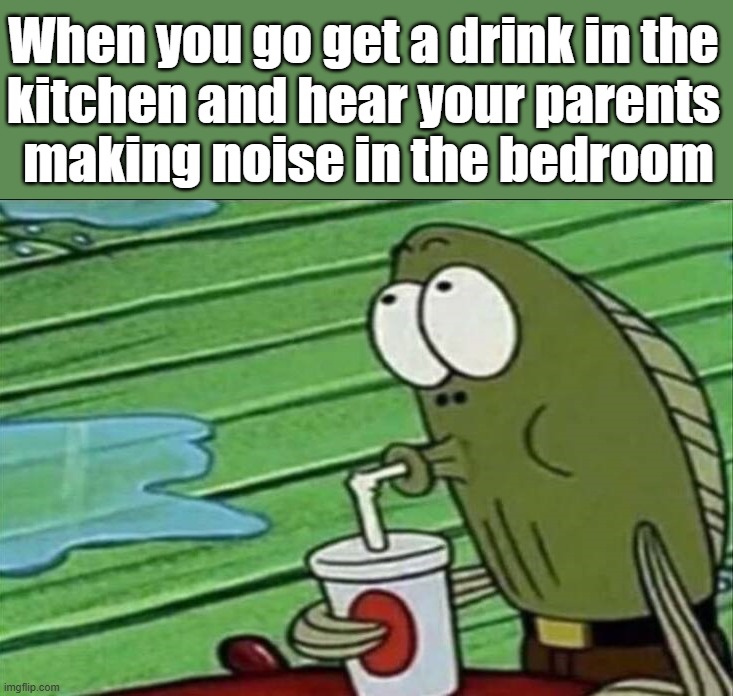 Just wanted a drink | When you go get a drink in the 
kitchen and hear your parents 
making noise in the bedroom | image tagged in hell's kitchen | made w/ Imgflip meme maker