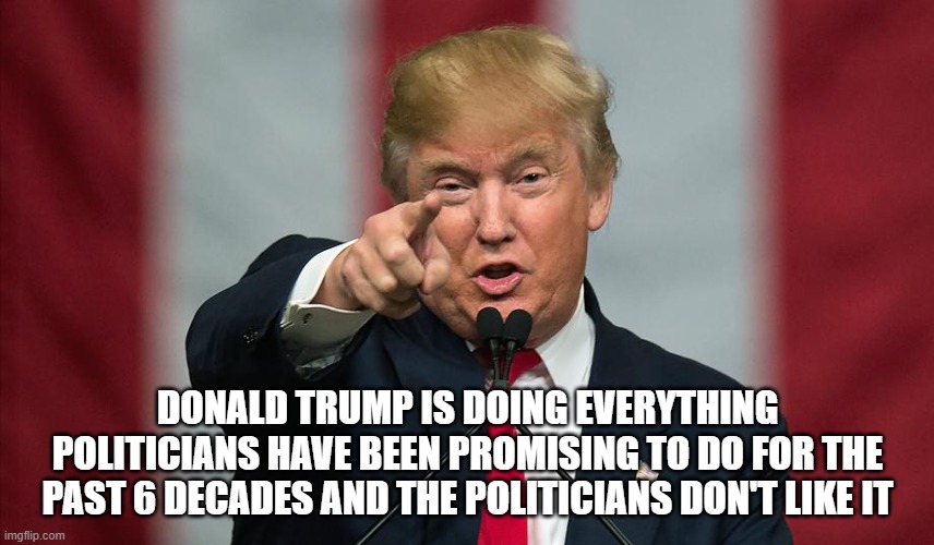 Both the Democrats and many Republicans don't like promises being kept. This is why they don't like him. | DONALD TRUMP IS DOING EVERYTHING POLITICIANS HAVE BEEN PROMISING TO DO FOR THE PAST 6 DECADES AND THE POLITICIANS DON'T LIKE IT | image tagged in donald trump,lying politicians,democrats,republicans,liars | made w/ Imgflip meme maker