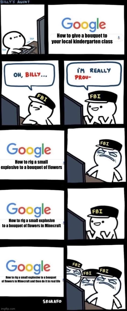 Billy’s FBI Agent | How to give a bouquet to your local kindergarten class; How to rig a small explosive to a bouquet of flowers; How to rig a small explosive to a bouquet of flowers in Minecraft; How to rig a small explosive to a bouquet of flowers in Minecraft and then do it in real life | image tagged in billy s fbi agent | made w/ Imgflip meme maker