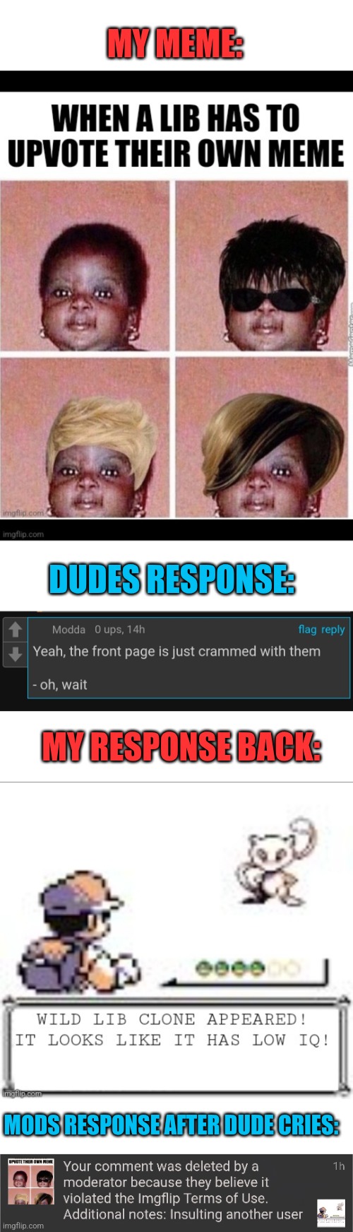 Politics: Left cant meme, they just cry. But i guess he admitted it | MY MEME:; DUDES RESPONSE:; MY RESPONSE BACK:; MODS RESPONSE AFTER DUDE CRIES: | image tagged in liberals,triggered liberal,crying | made w/ Imgflip meme maker
