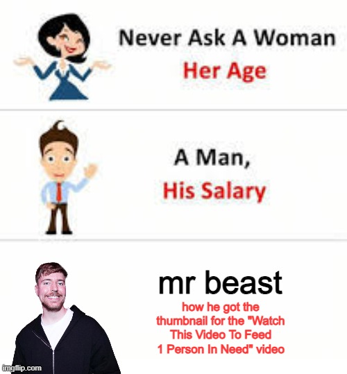 Never ask a woman her age | mr beast; how he got the thumbnail for the "Watch This Video To Feed 1 Person In Need" video | image tagged in never ask a woman her age | made w/ Imgflip meme maker