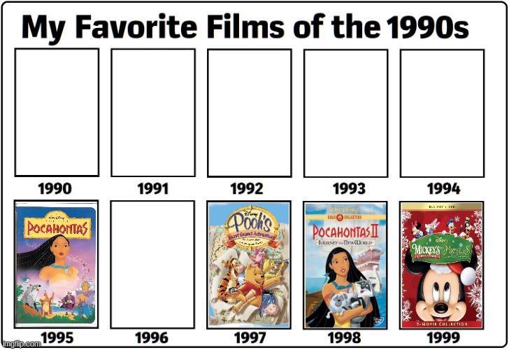 My favorite films of the 1990s | image tagged in poohs grand adventure,pocohontas,1990s,christmas mickey mouse | made w/ Imgflip meme maker