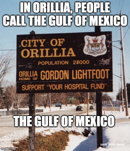 Gulf of Mexico | IN ORILLIA, PEOPLE CALL THE GULF OF MEXICO; THE GULF OF MEXICO; sonic more music | image tagged in gulf of mexico,orillia,canada | made w/ Imgflip meme maker