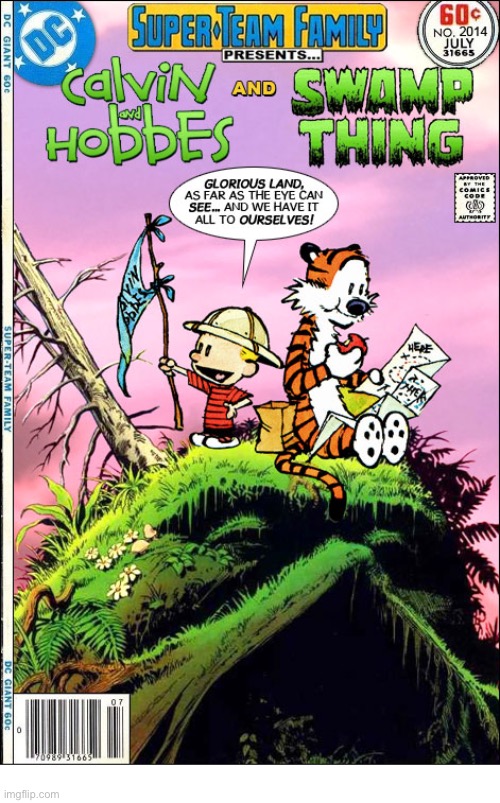 image tagged in calvin and hobbes,swamp thing,mashup,dc comics,exploring | made w/ Imgflip meme maker